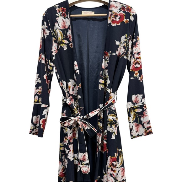 Anthropologie Solitaire Kimono Floral Long Sleeve Wrap Dress - Navy and Pink - Picture 3 of 8